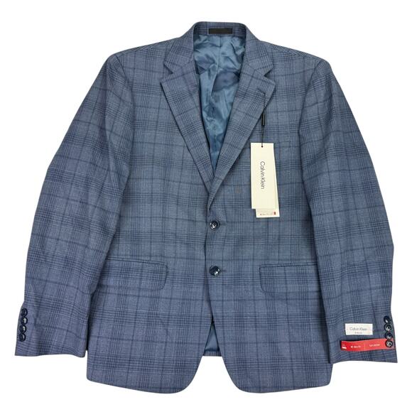 Calvin Klein Mens X Slim Fit Wool Blend Stretch Plaid Suit Jacket Blue 42S - Picture 1 of 5